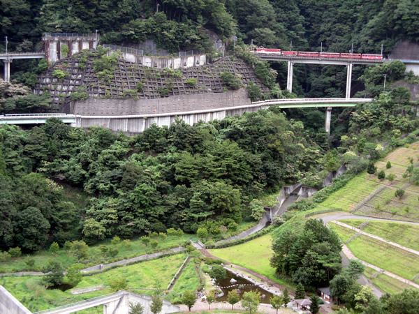 「井川線の列車が走っています(長島ダムから見えました)」