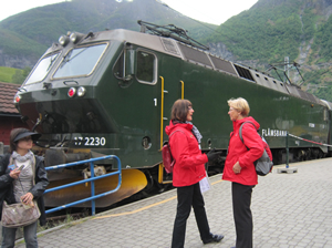 ノルウェー、ソグネフィヨルドの寄港地フロム駅から一気に急坂を駆け<br>上るフロム鉄道の重連機関車。